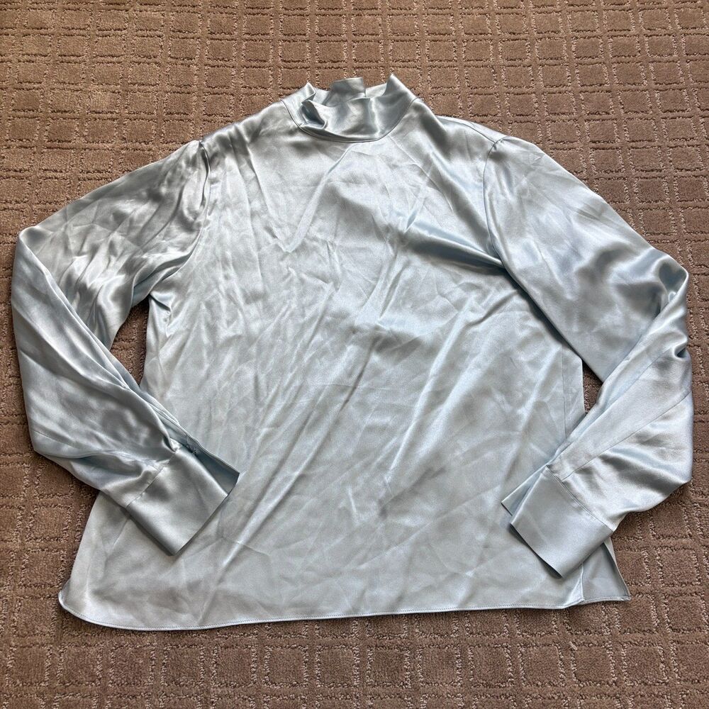 Vince Silk Blouse Womens L Light Steel Blue Long Sleeve Quite Luxury Minimal NWT